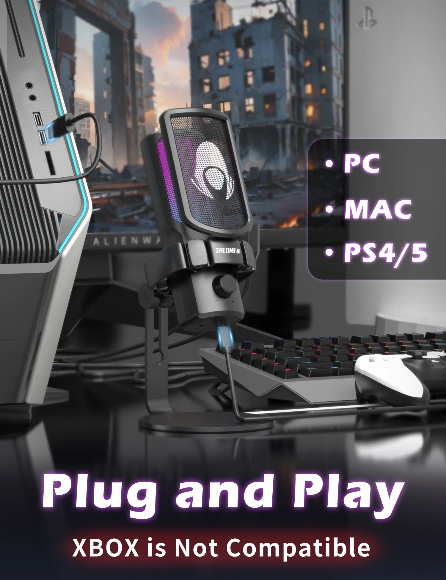 Talomen EYAS | Microphone USB pour PC, Podcast, Streaming, Enregistrement, Chat, PS4, PS5