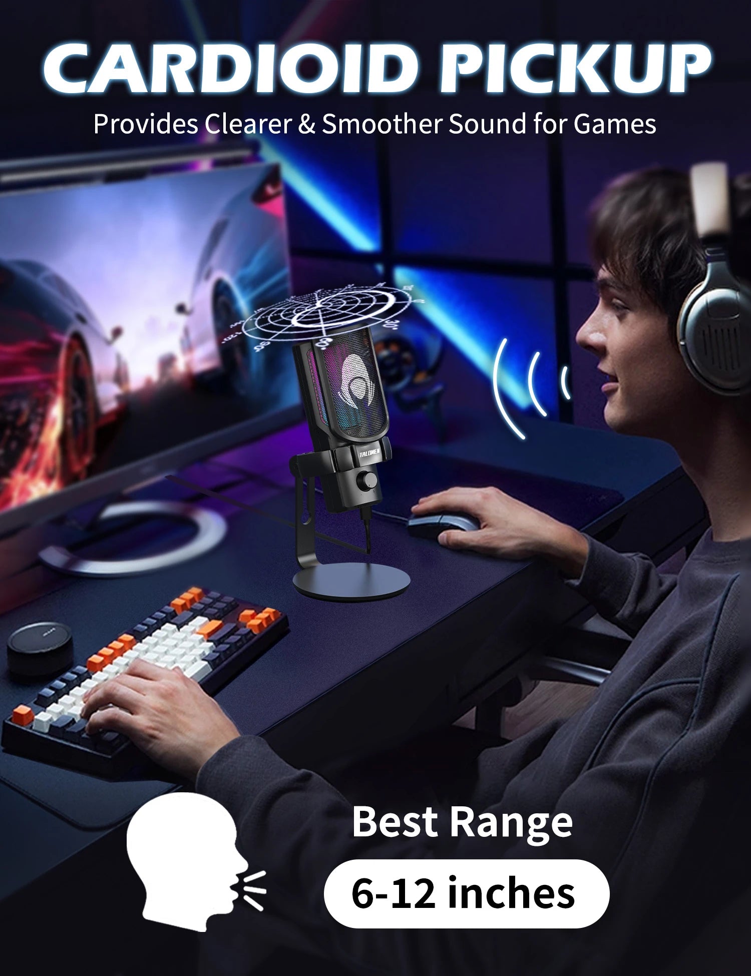 Talomen EYAS | Microphone USB pour PC, Podcast, Streaming, Enregistrement, Chat, PS4, PS5
