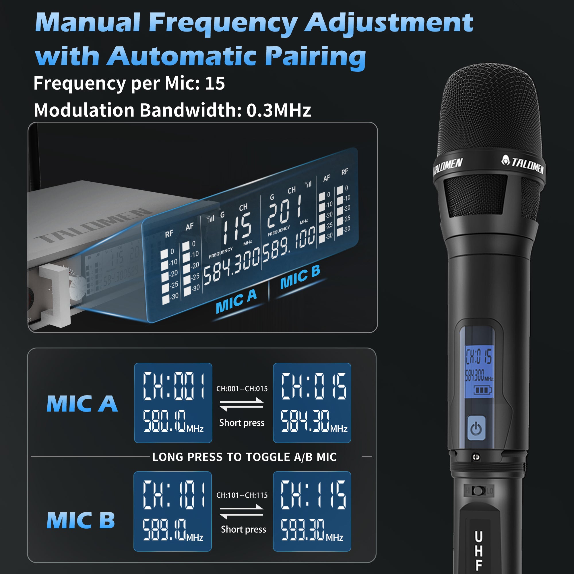 Talomen K120 | Système de microphone sans fil UHF professionnel